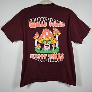 Trippy Vibes Happy Times Mushroom Burgundy Graphic Tee T-Shirt Size Medium